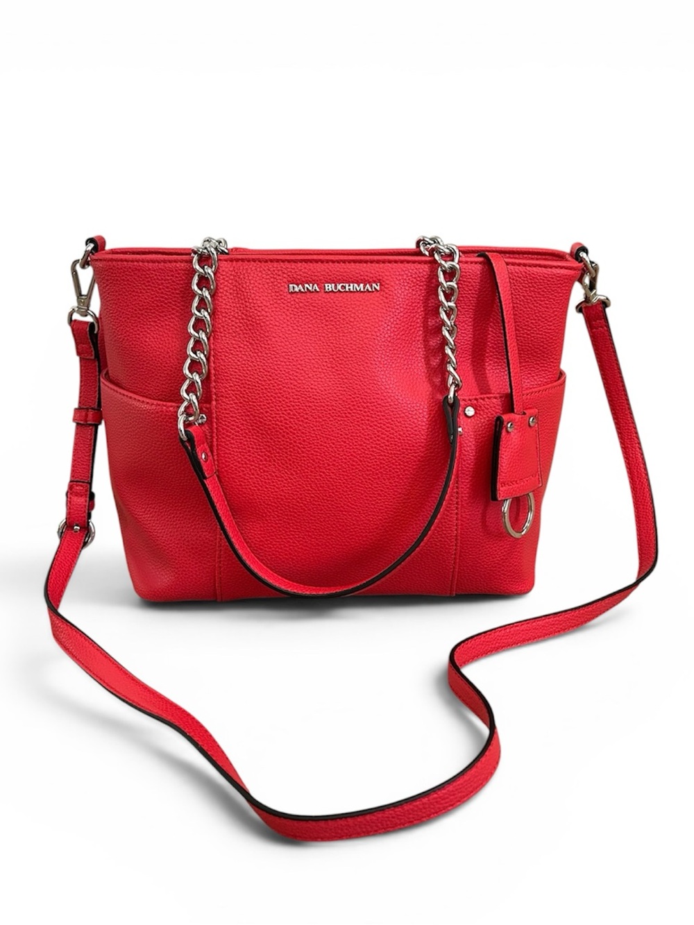 Dana Buchman Vibrant Red Faux Pebbled Leather Tote with Chain Straps